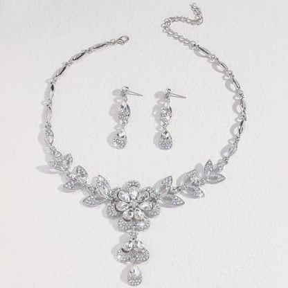 Wedding Jewelry Sets for Brides Rhinestone Necklace and Earring Set Bracelet Ring Gold Silver Prom Jewelry Sets Diamond Flower Teardrop Necklace for Women - color: Style3-Clear&Silver-2pcs