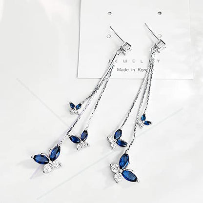 Temperament Crystal Butterfly Drop Dangle Earrings for Women Long Tassel Butterfly Stud Earrings - color: Bule