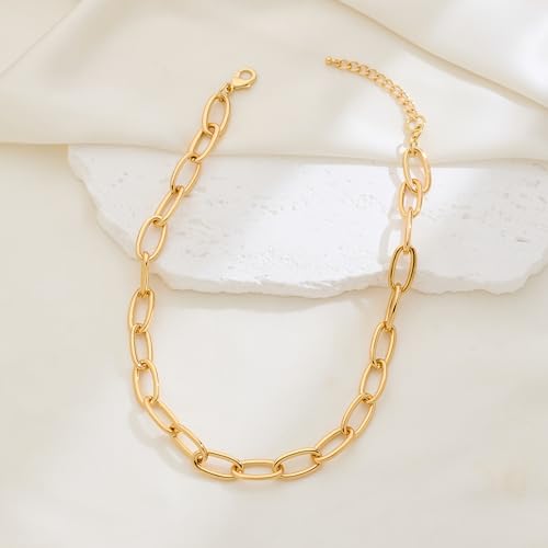 Chunky Necklace for Women 18K Gold Plated Statement Adjustable Thick Link Chains Paperclip Chain Choker Trendy Fashion Jewelry Gifts - style: Chian 193