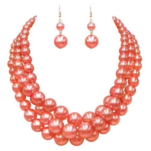 Rosemarie & Jubalee Women's 3 Colorful Multi Strands Simulated Pearl Necklace And Earrings Jewelry Gift Set, 18"+3" Extender - color: Orange Gold Tone - Double Ball Earring