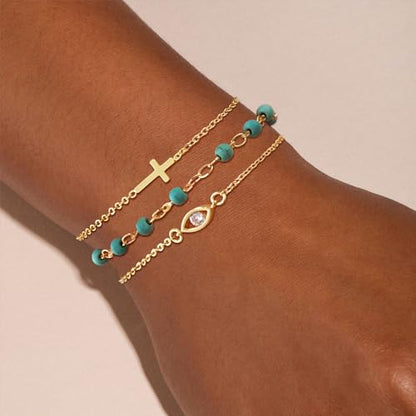 Cuzmly Bracelets for Women, Waterproof 14K Gold/Silver Plated Stackable Bracelets for Women Non Tarnish Trendy Dainty Paperclip Figaro Box Herringbone Hand Chain Bracelet Pack Stack Adjustable Jewelry for Women - style: 3 Cross