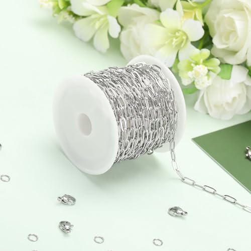 SMYHTGLIF 16.4 Feet Paperclip Cable Chain Bulk Silver Stainless Steel Chain | Permanent Jewelry Making Chains Women Necklace Bracelet DIY Craft Chain for Jewelry Making - color: Silver, size: 3×7.5mm