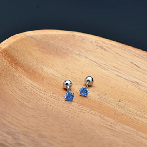 Screw Back Sterling Silver Cubic Zirconia Earrings Studs 3 MM - color: Blue