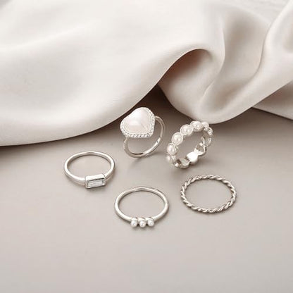 5Pcs Silver Plated Rings Set Female Pearl Heart Pearl Beads Joint Knuckle Rings Dainty Twist Midi Tail Finger Rings Y2k Heart Rings Dainty Faux Pearl Stackable Rings Sets Valentine's Day Xmas Gift - color: 5pcs silver set