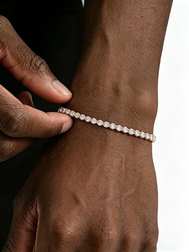 Sterling Silver 14K Gold Plated 2.5mm/3mm/4mm/5mm Round Cut Moissanite Tennis Bracelet, Classic Luxury Bezel Set Diamond Bracelets for Women Men Wedding Birthday Jewelry, Size 6.5" 7" 7.5" 8.3" - color: CZ-4mm Width-Gold, size: 7.0 Inch (Fit Wrist 6"-6.5"