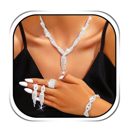 Sixexey Rhinestone Jewelry Set Wedding Jewelry Prom Costume Necklace Jewelry for Women - color: Silver