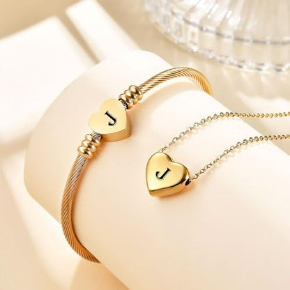 MYNENEY Necklace and Bracelet for Women Stainless Steel Initial Jewelry Set - color: Gold-J