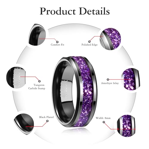 NUNCAD Black Tungsten Ring, Men's Wedding Rings with Blue/Amethyst/Galaxy Opal Ring 4mm 8mm Engagement Promise Ring Comfort Fit Size 5-12 - color: Amethyst & 8mm