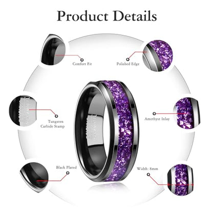 NUNCAD Black Tungsten Ring, Men's Wedding Rings with Blue/Amethyst/Galaxy Opal Ring 4mm 8mm Engagement Promise Ring Comfort Fit Size 5-12 - color: Amethyst & 8mm