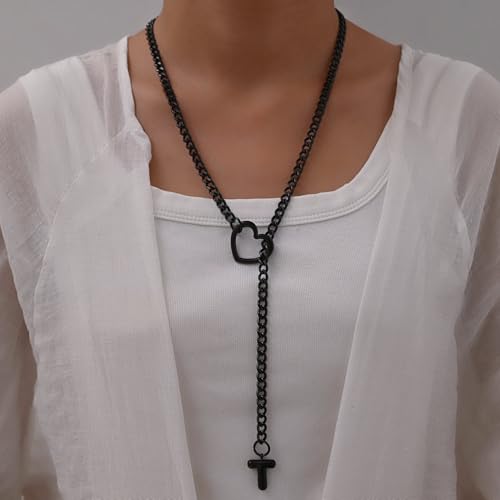 sroyte Black Heart Slip Chain Initial Necklaces for Women,Stainless Steel O-Ring Adjustable Lariat Heart Y-Necklace,Punk Gothic Cuban Collar Choker Necklace for women - color: Black T