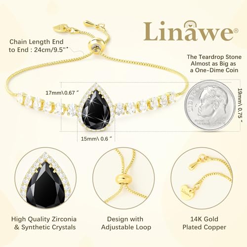 Linawe Crystal Imitation Diamond Rhinestone Charm Bracelets for Women, Gold/Silver/Rose Gold Adjustable Chain Bracelet, Teardrop Birthstone Cubic Zirconia Prom Costume Wedding Jewelry - color: Gold,Blk