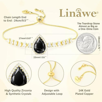 Linawe Crystal Imitation Diamond Rhinestone Charm Bracelets for Women, Gold/Silver/Rose Gold Adjustable Chain Bracelet, Teardrop Birthstone Cubic Zirconia Prom Costume Wedding Jewelry - color: Gold,Blk