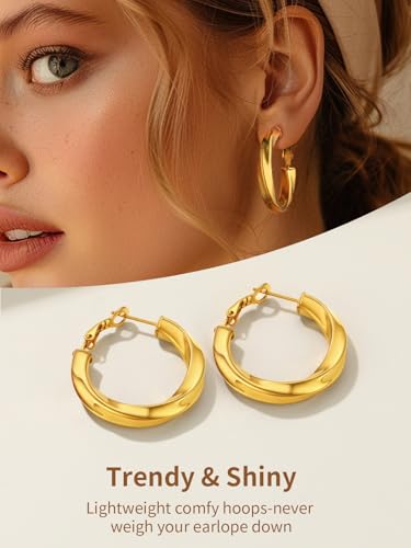 FindChic Twisted Hoop Earrings for Women, Silver/Black/14K Gold Plated Hypoallergenic Hollow Tube Rounded Loop Earrings, 30mm/40mm/60mm/80mm Hoops with Custom Name Options and Gift Box - color: c.Gold, size: 30MM