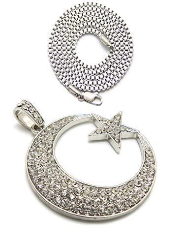 Fashion 21 Unisex Iced Out Crescent Moon & Star Pendant 24" Various Chain Necklace in Gold, Silver Tone - color: Silver / 2mm 24" Box Chain