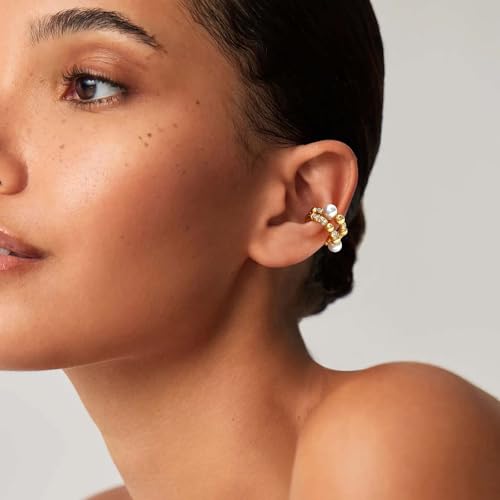 MEVECCO Ear Cuffs Non Piercing 18K Gold Plated Ear Cuff Earring Sets Clip on Cartilage Cubic Zirconia Pearl Minimalist Hypoallergenic Fake Hoop Earrings Stack Women Gifts - style: 2pcs-Pearl