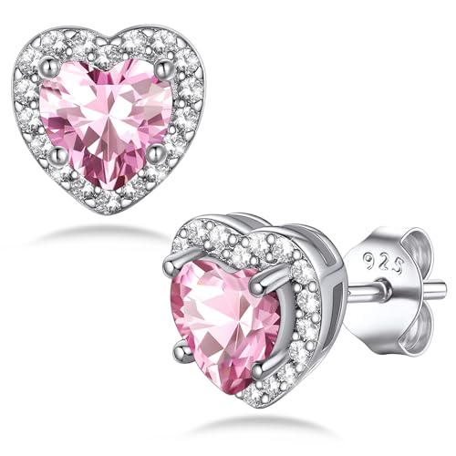 Bestyle Sparkling 925 Sterling Silver Birthstone Stud Earrings for Women, Heart/Round/Teardrop/Square Solitaire Diamond Studs Earrings, Great Birthday/Christmas Gifts - style: 10. Pink Tourmaline-Oct.-heart