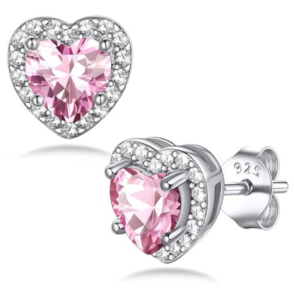 Bestyle Sparkling 925 Sterling Silver Birthstone Stud Earrings for Women, Heart/Round/Teardrop/Square Solitaire Diamond Studs Earrings, Great Birthday/Christmas Gifts - style: 10. Pink Tourmaline-Oct.-heart