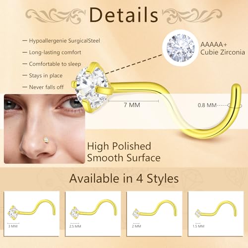 14Pcs Gold and Silver 18G Nose Ring Hoops and 20G Nose Studs Set | 316L surgical steel set with 18G nose hoops and 20G corkscrew CZ nose studs in 1.5/ 2/ 2.5/ 3mm for women and men