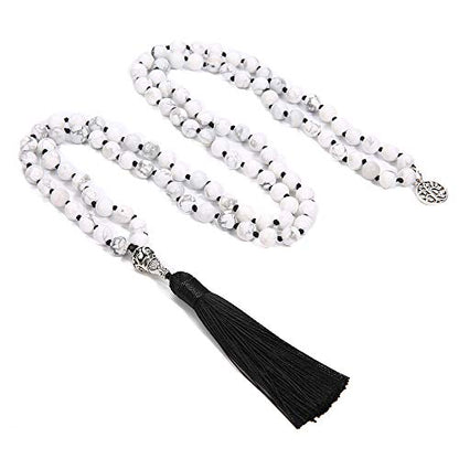 108 Mala Beads Necklace Semi-Precious Gem Stones Meditation Necklace 108 Hand Knotted Japa Mala Beaded Tassel Necklace with Tree of Life Pendant - color: Natural White Howlite（Black Tassel）