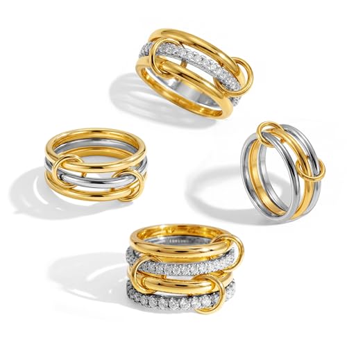 ACLOKOO 4 Pack Interlocked Stackable Rings for Women - 14K Gold Plated Statement 4 Mixed Metals Multi Ring Stack - Cubic Zirconia Two-Toned Connected Bands Stacking Jewelry