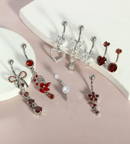 Suotarn 14G Belly Button ring Dangle Belly Rings Surgical Stainless Steel Cute Bow Butterfly Heart Flower Dangling Belly Button Piercing Jewelry For Women Silver Dainty Dangly Navel Ring - color: red