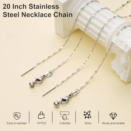 Crisjanggo Stainless Steel Dainty Lip Chain Adjustable Charm Necklace | 10 Pack Steel Necklace Bulk with Rubber Stopper for Jewelry Making 20 Inches - color: Silver Lip
