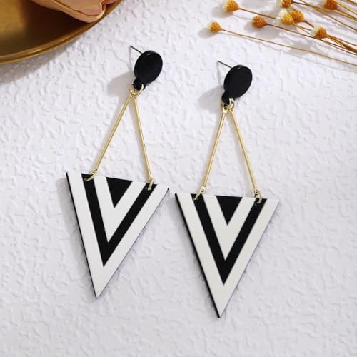Black and White Acrylic Earrings Dangle Trendy Long Water Drop Earrings Fashion Geometric Resin Statement Earrings Boho Lightweight Jewelry for Women - style: Triangle