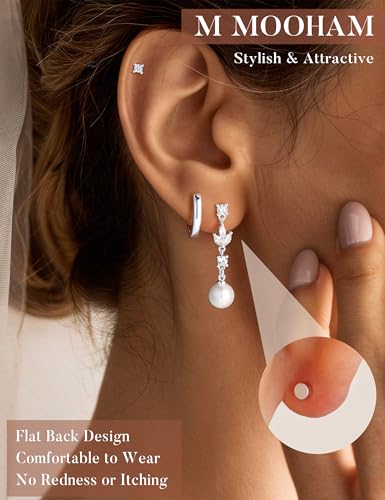 M MOOHAM Pearl Earrings for Women, 14K Gold Plated Pearl Drop Earrings | Hypoallergenic Pearl Dangle Earrings Set, Dainty Flat Back Stud Earring Stack, Bridal Shower Gifts, Wedding Jewelry - color: Silver