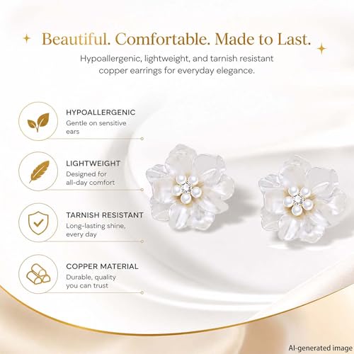 HETICA Pearl Flower Stud Earrings for Women, White Camellia | Faux Pearls, Cubic Zirconia, Lightweight Floral, Wedding, Party, Daily Wear, Gift