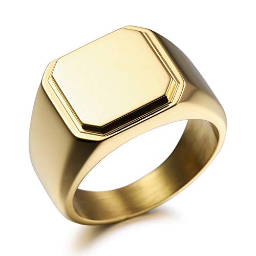 MeMeDIY Personalized Engraved Initial Monogram Signet Ring for Men Women Customize Stainless Steel Wedding Letter Rings Jewelry Bundle with Ring Size Adjusters - color: C4: Gold - Words