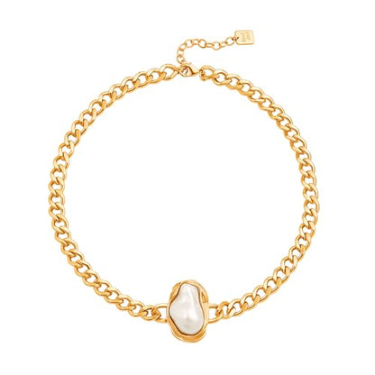18k Gold Plated Chain Link Necklace for Women, Baroque Pearl/Compass Pendant Necklace - color: Pearl Choker