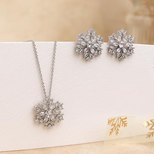 Gold Silver Stud Earrings Pendent Necklace Sets for Women, Dainty Rhinestone Crystal Necklace Earing Jewelry Set Wedding Accessories Fashion Holiday Gift - color: snowflakesilver