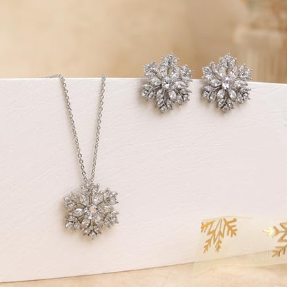 Gold Silver Stud Earrings Pendent Necklace Sets for Women, Dainty Rhinestone Crystal Necklace Earing Jewelry Set Wedding Accessories Fashion Holiday Gift - color: snowflakesilver