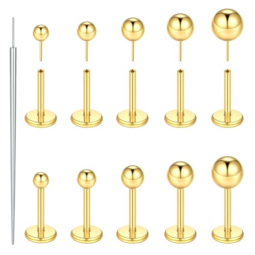 Xpircn Flat Back Stud Earrings 16G 18G 20G Tiny CZ Stud Earrings, Gold Flat Back Earrings, Threadless Cartilage Tragus Piercing Conch Helix Stud - color: 14K Gold Filled-Tiny Ball, size: 18G 6mm Bar