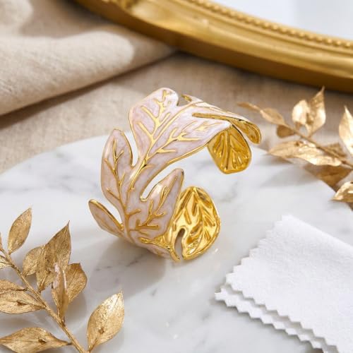 18K Gold Plated White Enamel Cuff Bracelet for Women - color: leaves