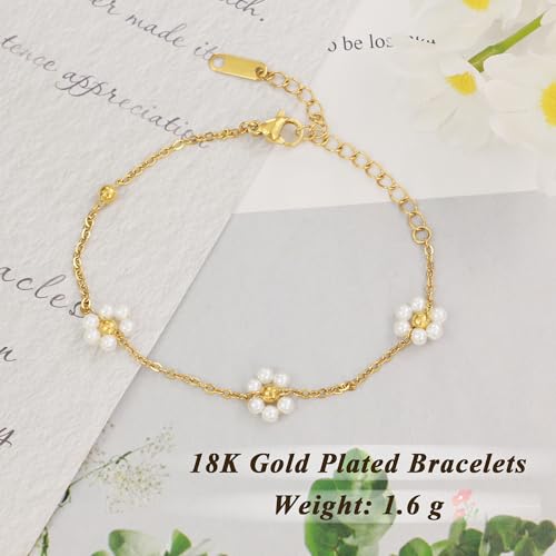DAYANEY Pearl Bracelets for Women Gold Bracelet Silver Pearl Jewelry | Gold Bracelet Silver Pearl Jewelry Summer Gifts for Girls Dainty Daisy and Heart Bracelets Cute Floral Jewelry for Bridesmaid - style: Daisy Pearl