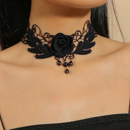 Goth Black Choker Necklace Crystal Bead Pendant Necklace for Women Gothic Velvet Lace Choker Halloween Vampire Witch Cosplay - color: D-Black