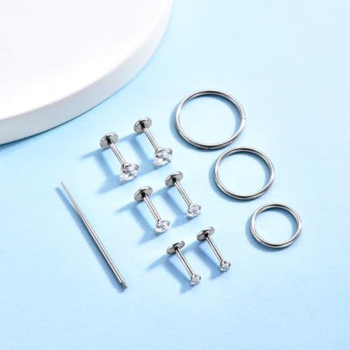 16G 18G Surgical Steel Internal Thread Stud Piercing Jewelry Set Nose Medusa Lip Labret Stud Hypoallergenic Clicker Hoop Septum Rings Cartilage Tragus Helix Conch Earrings for Women Men - color: 16G-10mm-silver