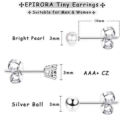EPIRORA Sterling Silver Stud Earrings for Women- 3 Pairs Tiny Ball Stud Earrings Round CZ Cubic Zirconia Earrings Pearl Earrings Set Cartilage Small Tragus Earrings(2mm,3mm,4mm) - style: 3mm(Pearl earrings,Ball earrings,CZ earrings)