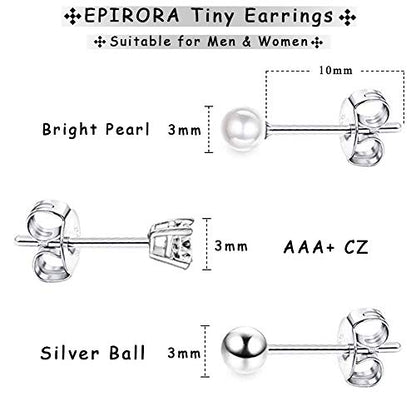 EPIRORA Sterling Silver Stud Earrings for Women- 3 Pairs Tiny Ball Stud Earrings Round CZ Cubic Zirconia Earrings Pearl Earrings Set Cartilage Small Tragus Earrings(2mm,3mm,4mm) - style: 3mm(Pearl earrings,Ball earrings,CZ earrings)