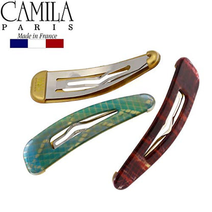 Camila Paris CP2931 French Hair Barrettes Clips, Snap Hair Slides Clic Clac for Women, Styling Girls Side Slide-in Metal Snap Pin Hair Accessories for Women. Strong Hold, No Slip Grip, Made in France - color: 3PK Snake 3.25"