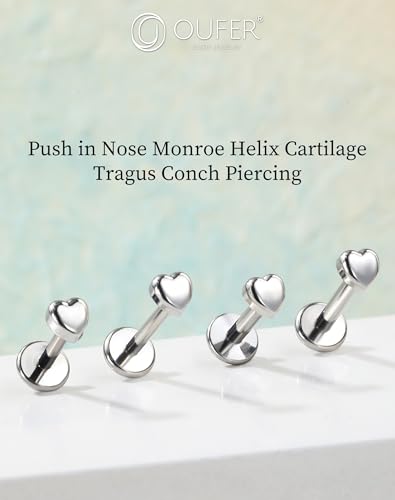 OUFER G23 Titanium Threadless Labret Studs – Flat Back Push Pin Earrings for Tragus, Helix, Monroe, Conch, Lip Piercing – 16G/18G, 6MM/8MM - color: Silver-Heart, size: 18g 6mm
