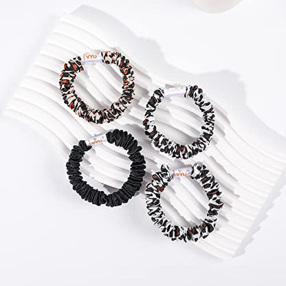 Hair Ties Silk Satin Scrunchies - Small Mini Thin Elestics Ponytail Holder Hair Bands Skinny Scrunchy For Thick Curl Hair No Crease Hair Ties Soft Accessories No Hurt Your Hair for Women and Girls (White Leopard Black) - color: White Leopard Black