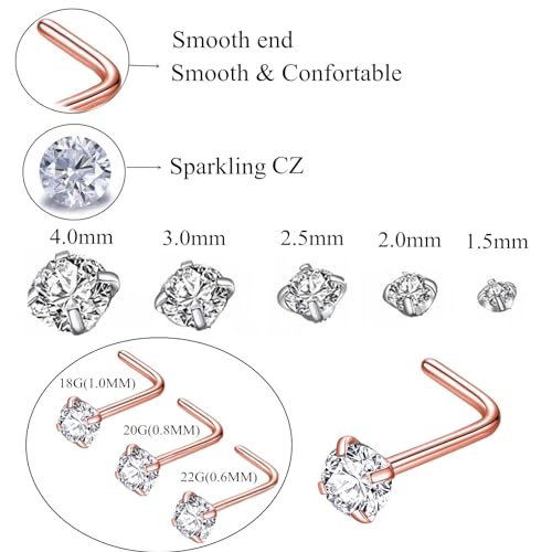 316L Surgical Steel 22g/20g/18g Nose Rings Studs L-Shape Nose Nostrial Piercing Body Jewerly L Shaped Nose Studs 1.5mm 2mm 2.5mm 3mm CZ Nose Screw Studs Rings for Women - style: 6pcs/L-shape/18g/1.5mm Clear CZ/Rose Gold