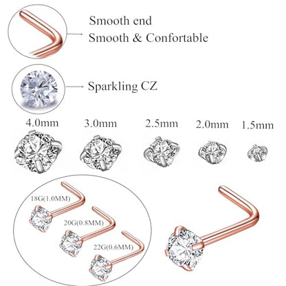 316L Surgical Steel 22g/20g/18g Nose Rings Studs L-Shape Nose Nostrial Piercing Body Jewerly L Shaped Nose Studs 1.5mm 2mm 2.5mm 3mm CZ Nose Screw Studs Rings for Women - style: 6pcs/L-shape/18g/2.0mm Clear CZ/Rose Gold