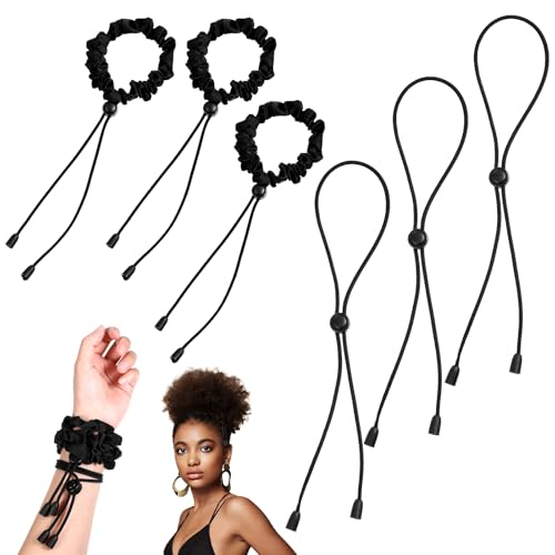 Adjustable Hair Ties, 6Pcs Black Large Satin Hair Ties for Afro Puff Thick Hairs Band Adjustable Loc Accessories for Black Women Soft Ponytail Holders for Medium Thick Thin Curly Hairs - color: 6PCS