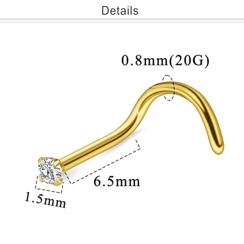 Nose Studs Surgical Steel Nose Rings Studs with Cubic Zirconia 10Pcs Tiny Nostril Rings for Women Screw Bone and L-Shaped Nostril Piercing Jewelry 24G 22G 20G 18G - color: goldtone,screw nose studs, size: 20g,1.5mm Clear CZ