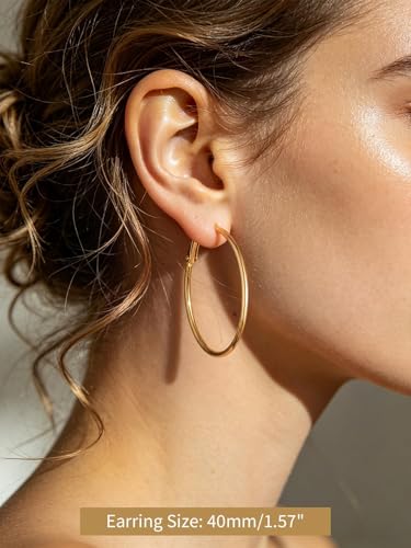 FindChic Thin Hoop Earrings for Women,Silver/Black/Gold Plated 20-100mm - color: Gold, size: 40mm