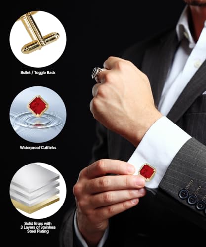 Large Big Square Crystal Color Stone Cuff Links for Men – Tuxedo Suit Accessories, Cufflinks for Men - style: Red/Gold