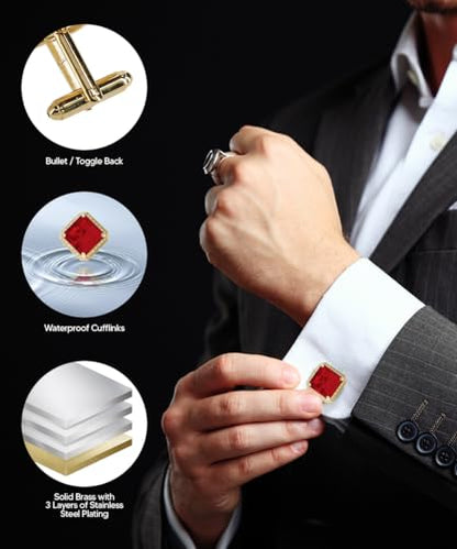 Large Big Square Crystal Color Stone Cuff Links for Men – Tuxedo Suit Accessories, Cufflinks for Men - style: Red/Gold